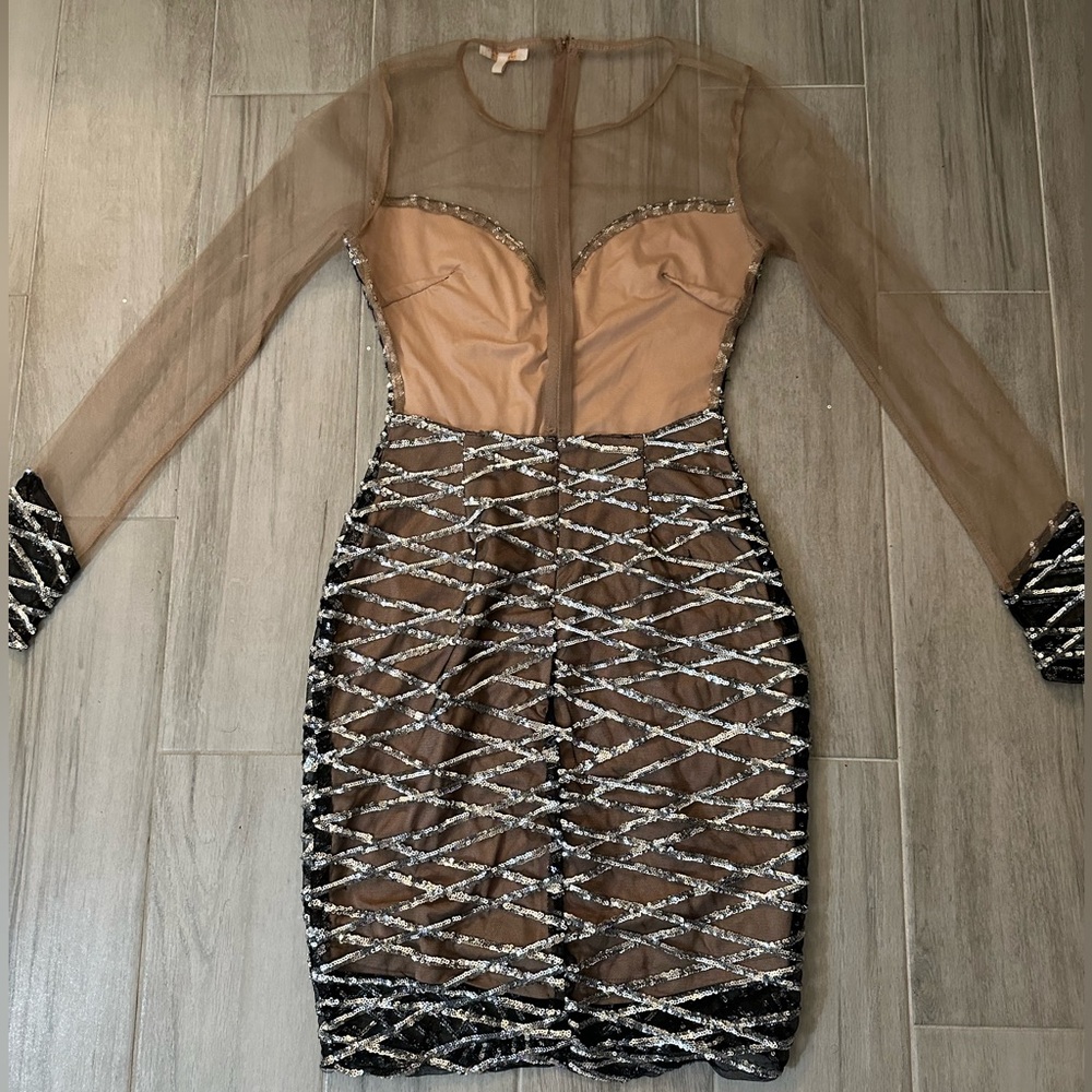 Size Small Mesh Tan/Gold Sequence Dress